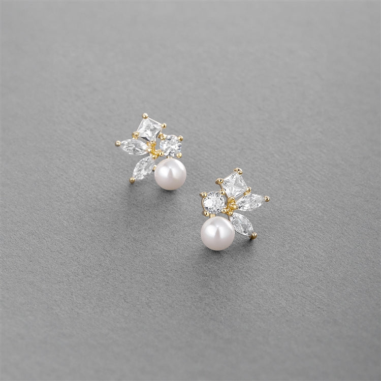 Mariell Wholesale Mixed Shape Cubic Zirconia Cluster Bridal Earrings with 6mm Ivory Pearls