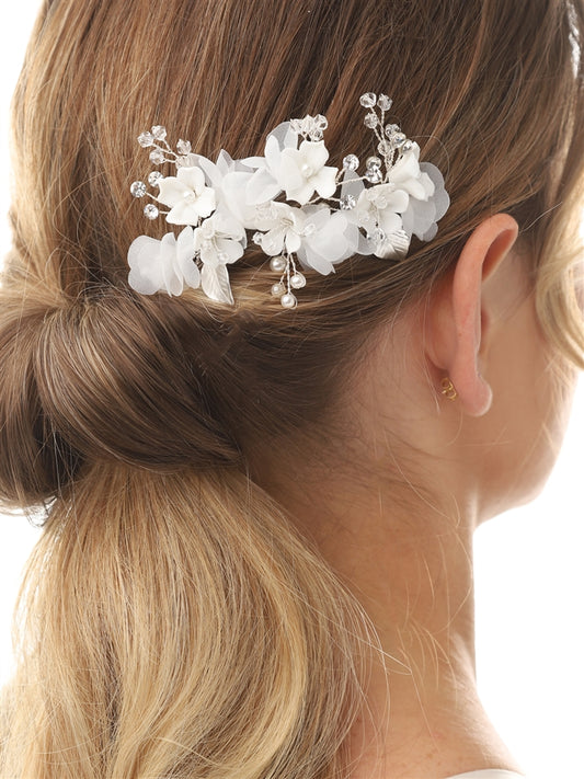 Bridal Hair Sticks with Ivory Resin Flowers, Ivory Pearls and Fabric Leaves - Set of 3 Hair Sticks