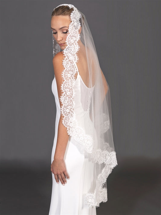 Mariell Wholesale Mantilla Wedding Veil with Double Eyelash Wide Lace Trim