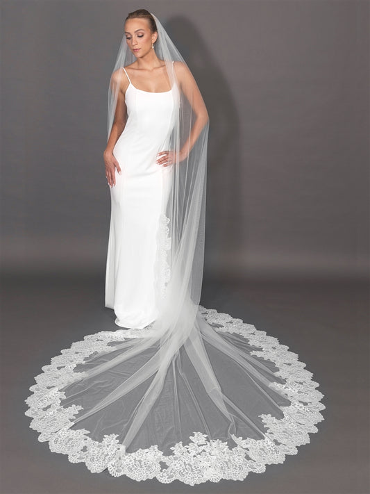 Mariell's Wholesale Dramatic Wide Lace Trim 120" Royal Cathedral Statement Veil with Soft Italian Tulle