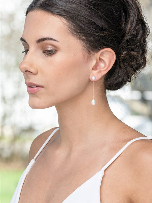 Ivory Freshwater Pearl Dangle Earrings on Delicate Platinum Plated Chain