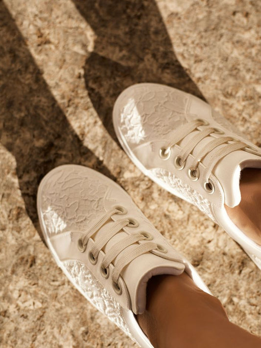 Elegant Ivory Lace and Satin Bridal Sneakers with Soft Foam Lining ZOEY