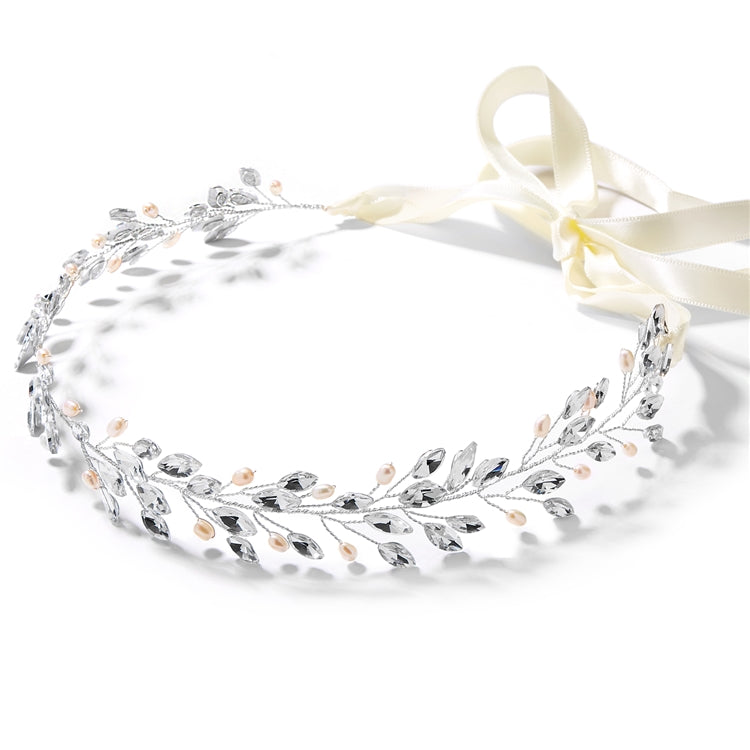 Mariell Wholesale Silver Jeweled Vine Headband with Crystals, Freshwater Pearls and Ivory Ribbon