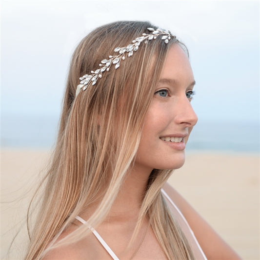 Silver Jeweled Vine Headband with Crystals, Freshwater Pearls and Ivory Ribbon