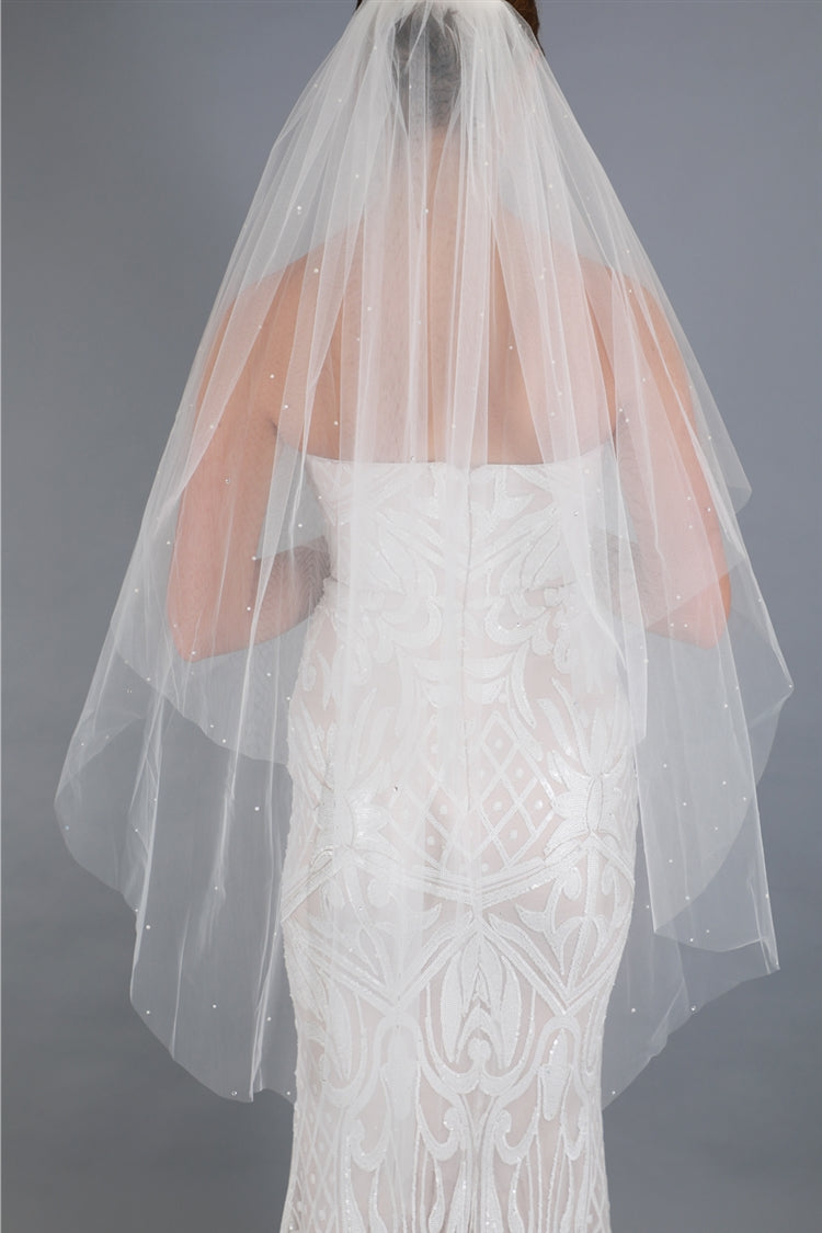 Knee Length 2-Row Pearl Bridal veil with Blusher