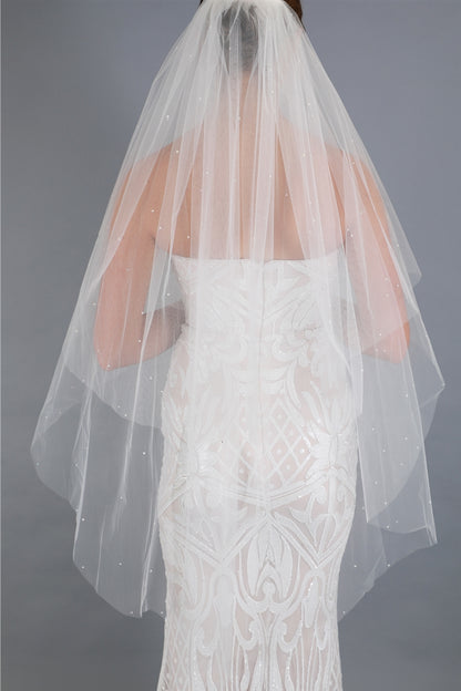 Knee Length 2-Row Pearl Bridal veil with Blusher