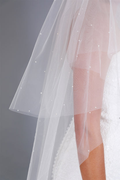 Knee Length 2-Row Pearl Bridal veil with Blusher