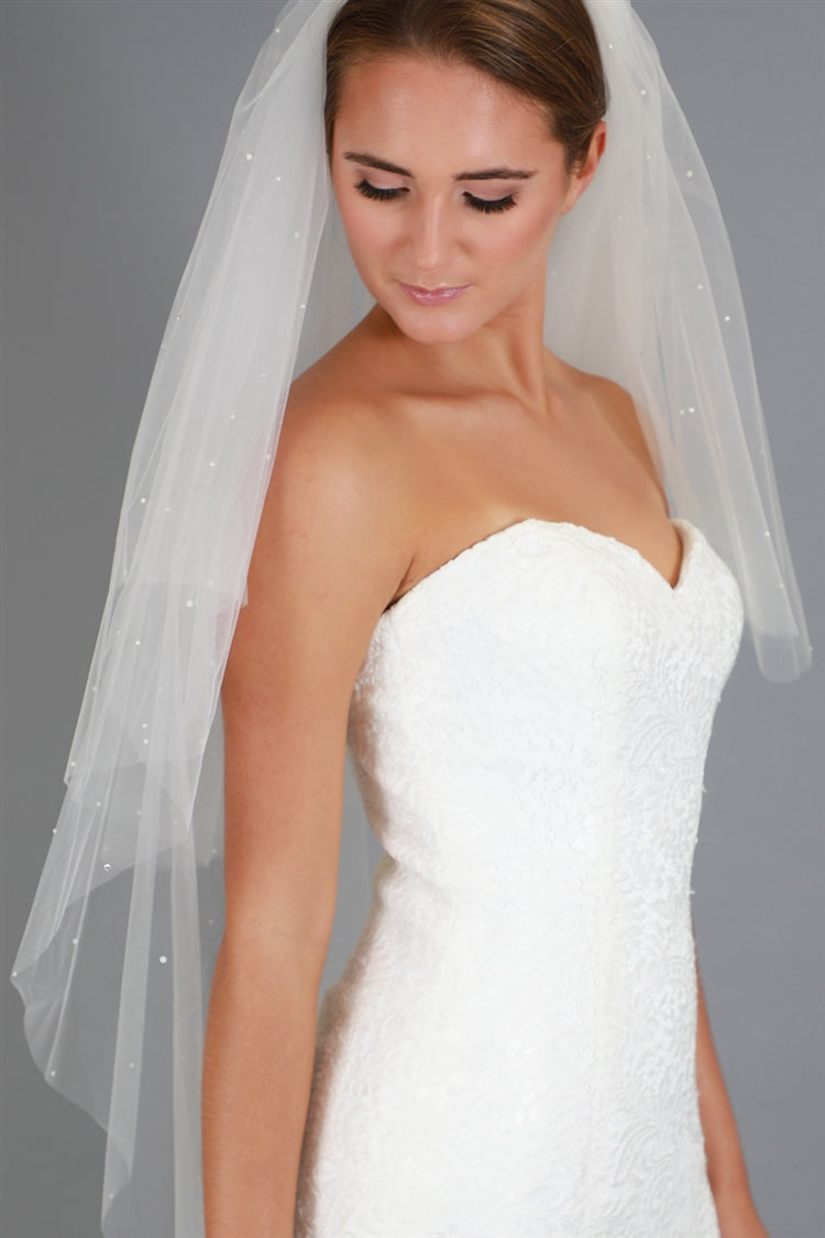 Knee Length 2-Row Pearl Bridal veil with Blusher