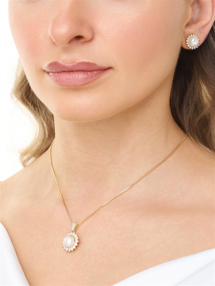 Mariell 14K Gold Freshwater Pearl CZ Starburst Necklace Set 4687S-I-G