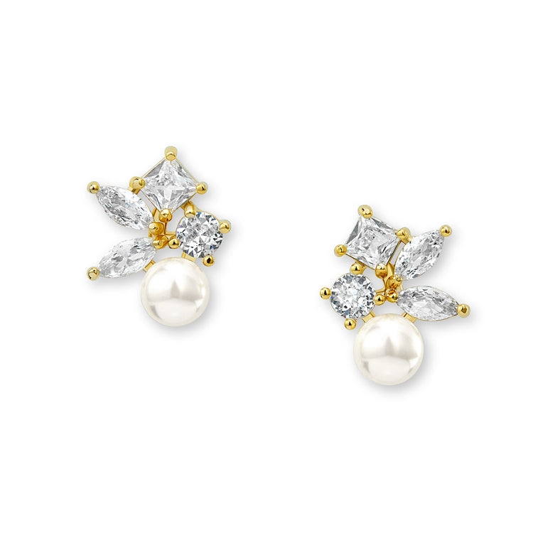 Mariell Wholesale Mixed Shape Cubic Zirconia Cluster Bridal Earrings with 6mm Ivory Pearls