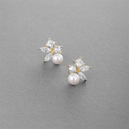 Mariell Wholesale Mixed Shape Cubic Zirconia Cluster Bridal Earrings with 6mm Ivory Pearls