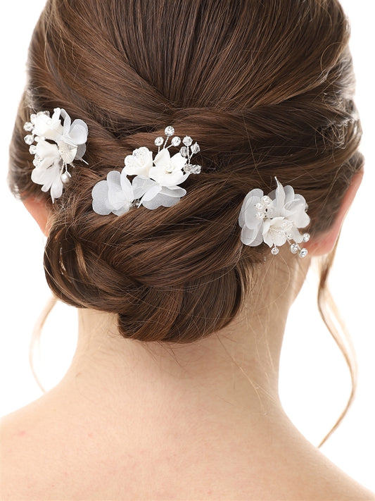 Bridal Hair Stick Pins with Ivory Resin Flowers and Pearls - Set of Three Hair Sticks