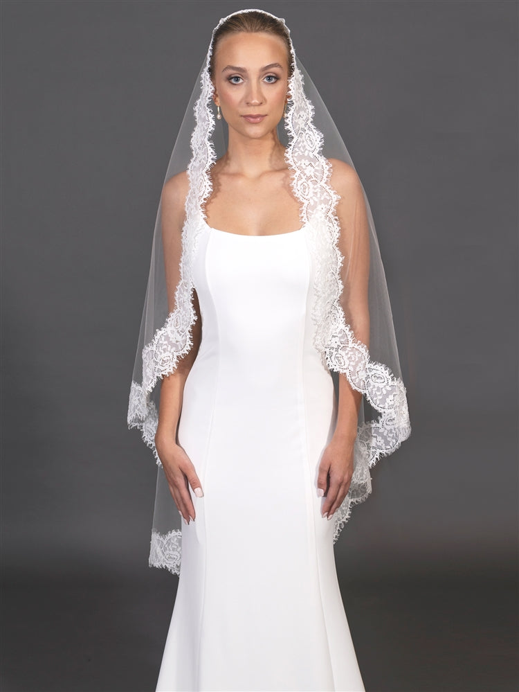 Mariell Wholesale Mantilla Wedding Veil with Double Eyelash Wide Lace Trim