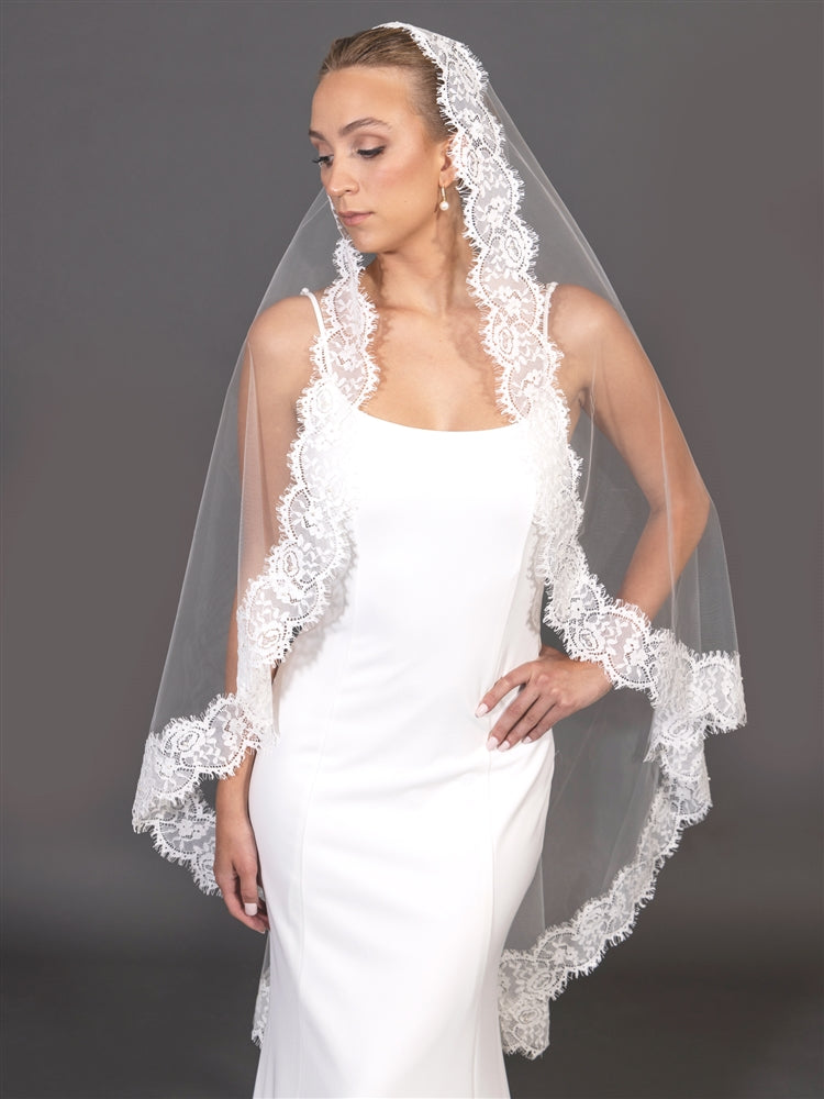Mariell Wholesale Mantilla Wedding Veil with Double Eyelash Wide Lace Trim