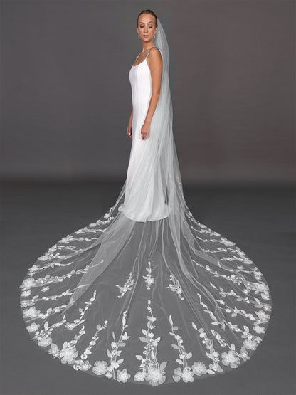 Mariell Wholesale 120" Royal Cathedral Bridal Veil with 3D Flowers and Dramatic Vine Appliques