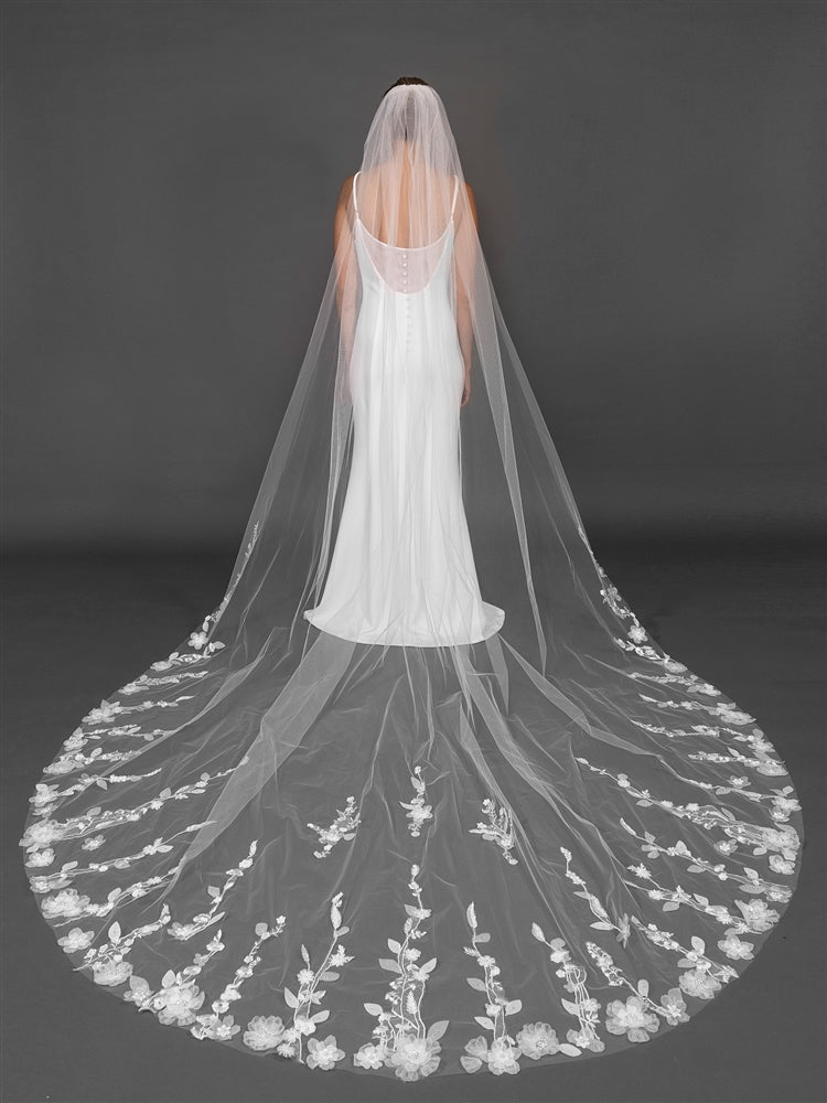 Mariell Wholesale 120" Royal Cathedral Bridal Veil with 3D Flowers and Dramatic Vine Appliques