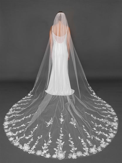 Mariell Wholesale 120" Royal Cathedral Bridal Veil with 3D Flowers and Dramatic Vine Appliques