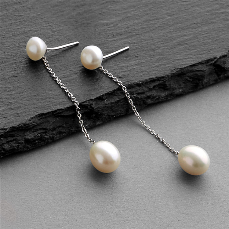 Ivory Freshwater Pearl Dangle Earrings on Delicate Platinum Plated Chain