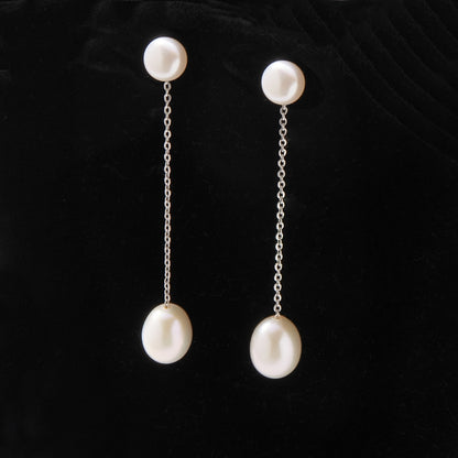 Ivory Freshwater Pearl Dangle Earrings on Delicate Platinum Plated Chain