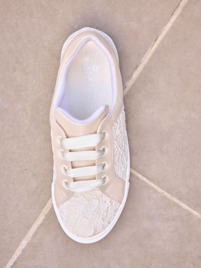 Elegant Ivory Lace and Synthetic Bridal Sneakers with 1 Inch Sole PAKO