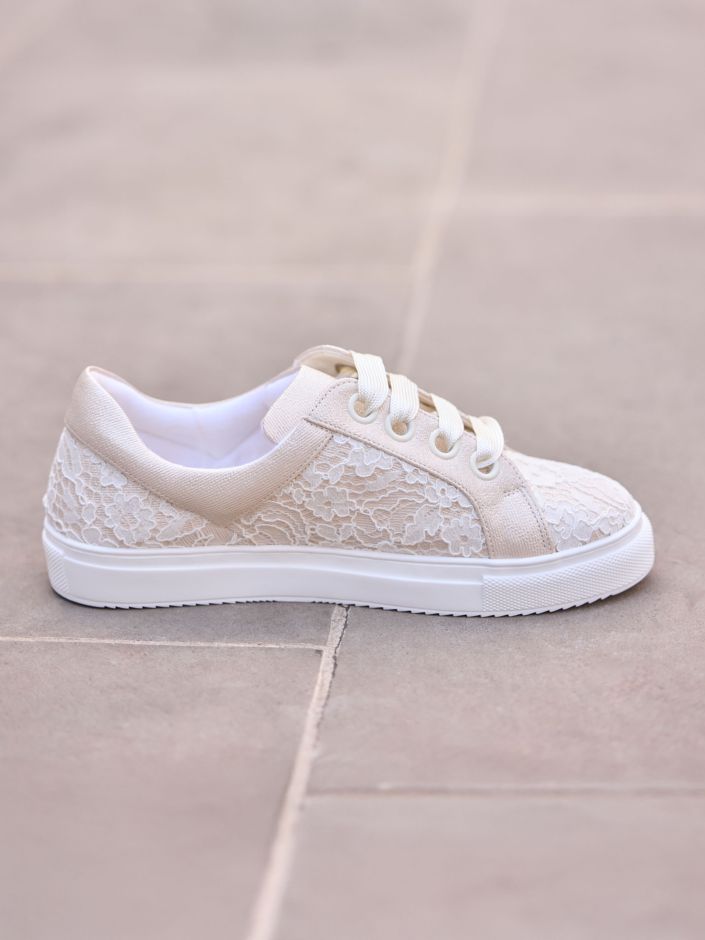 Elegant Ivory Lace and Synthetic Bridal Sneakers with 1 Inch Sole PAKO