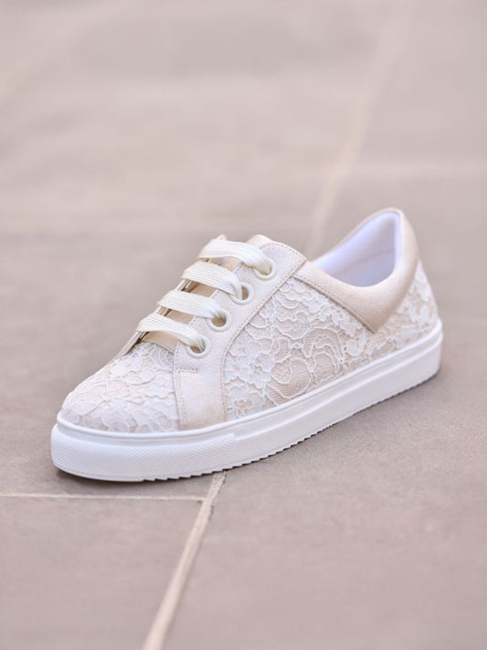 Elegant Ivory Lace and Synthetic Bridal Sneakers with 1 Inch Sole PAKO