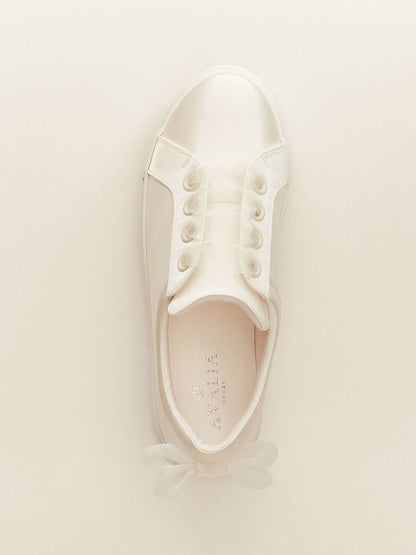 Elegant Ivory Satin Bridal Sneakers with Bow and Soft Foam Lining EMILY