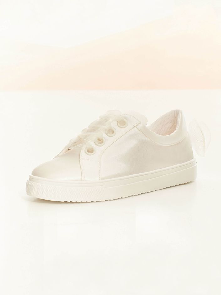 Elegant Ivory Satin Bridal Sneakers with Bow and Soft Foam Lining EMILY