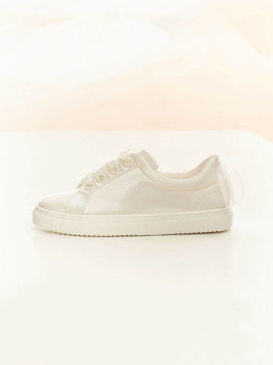 Elegant Ivory Satin Bridal Sneakers with Bow and Soft Foam Lining EMILY