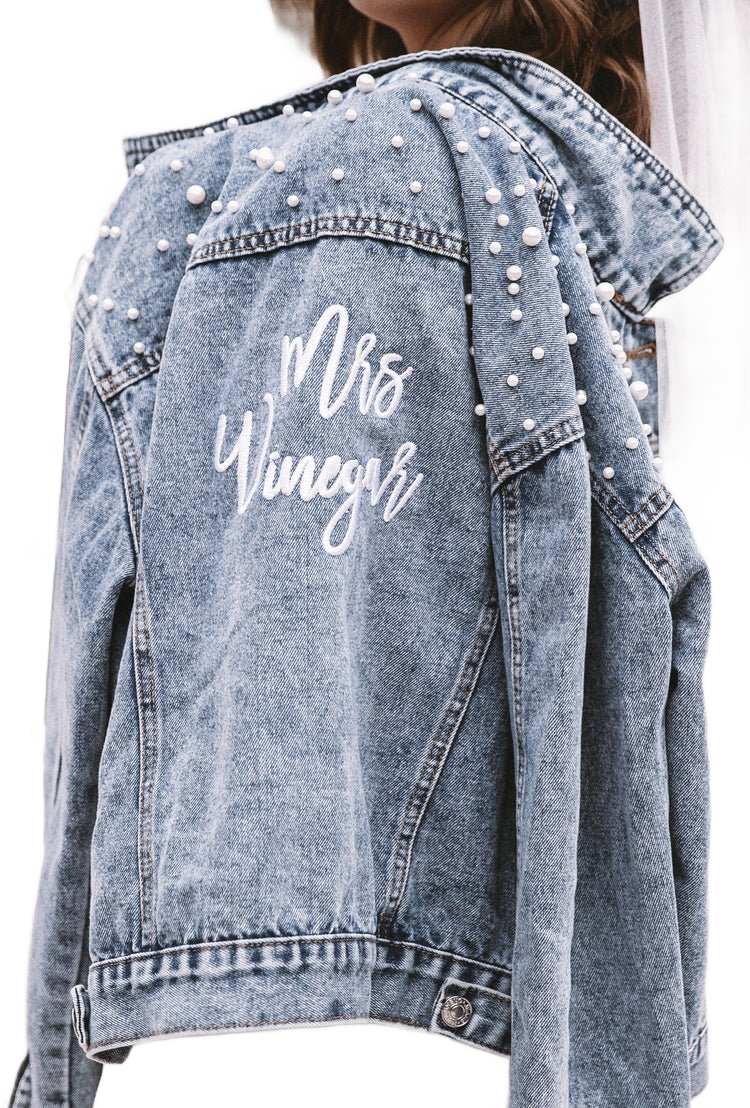 Classic Pearl Studded Bridal Jacket | Pearl Denim Jacket for Bride