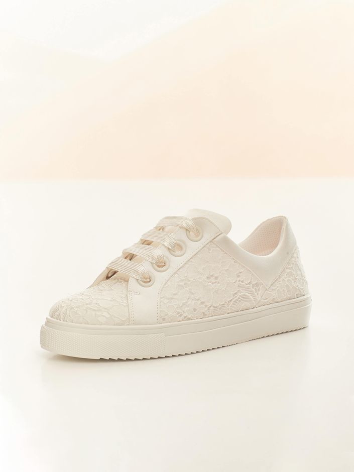 Elegant Ivory Lace and Satin Bridal Sneakers with Soft Foam Lining ZOEY