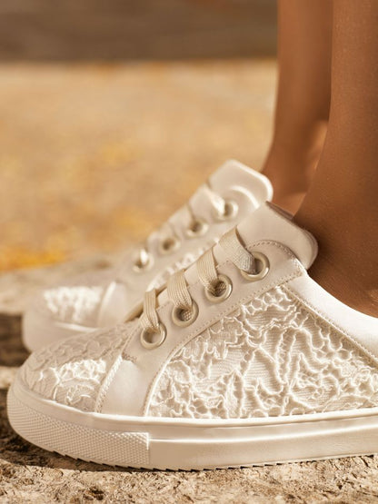 Elegant Ivory Lace and Satin Bridal Sneakers with Soft Foam Lining ZOEY